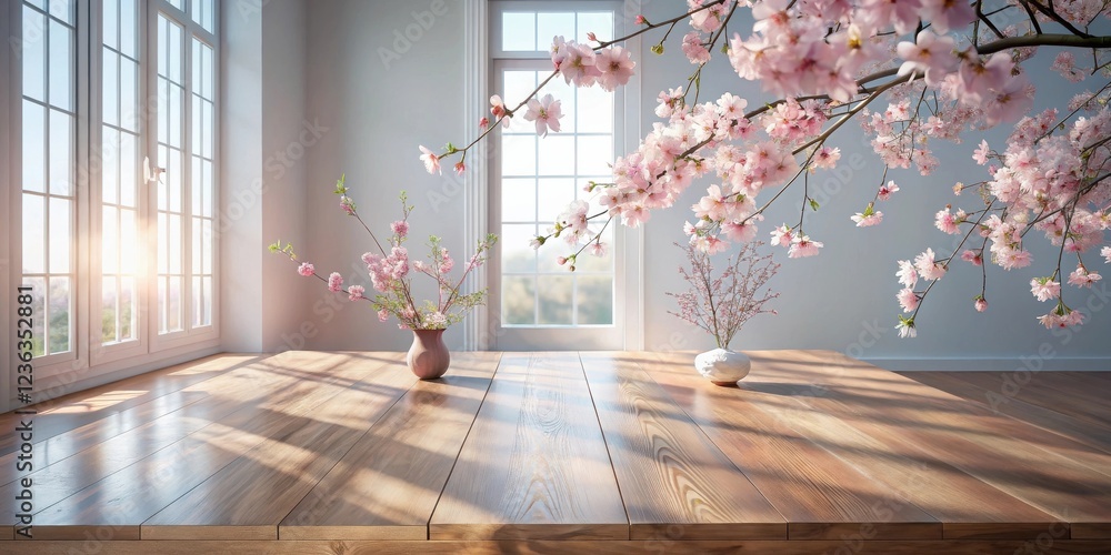 Aufkleber sunlight streaming through a window illuminates a wooden table with a delicate arrangement of spring
