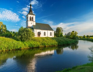 Obraz premium church by the river under blue skies