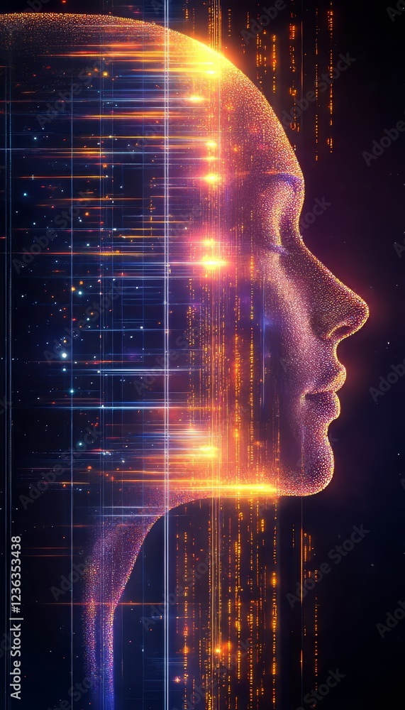 Aufkleber digital human profile with data stream, ai and machine learning concept representation