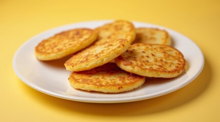 Crispy deruny potato pancakes served on a smooth white plate against a muted yellow background 