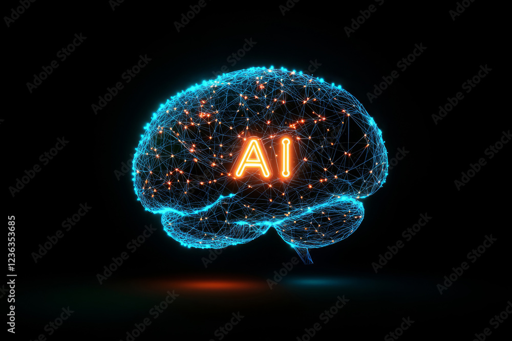 Poster futuristic illustration of glowing digital brain with interconnected artificial intelligence neural 