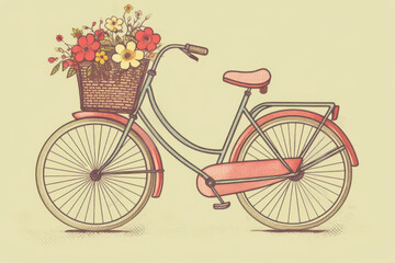 Fototapeta premium Hand-drawn illustration in vintage style of bicycle with wicker basket filled with colorful flowers on soft pastel colored background