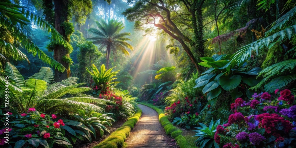 Poster a path through a lush green forest with sunbeams piercing through the canopy and colorful flowers do