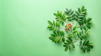 A cluster of vibrant red berries surrounded by lush green leaves arranged against a solid green background.