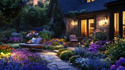 Obraz premium Evening Serenity: Illuminated Garden Path and Stone House