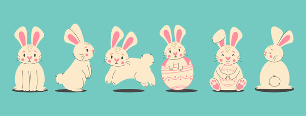 Easter bunny trendy set. Minimalist holiday characters, cute stylized rabbits, vector illustration for prints or greeting cards
