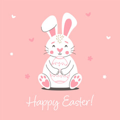 Happy Easter cute illustration. Cute rabbit holding easter egg. Design for greeting card,invitation card,poster,social media,flyer