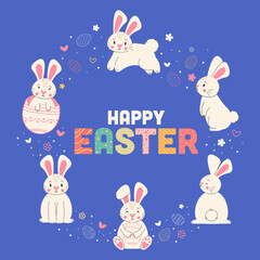 Happy easter trendy greeting card with bunnies. Minimalist holiday characters, cute stylized rabbits, vector illustration for prints ,posters,banners or greeting cards