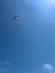 a plane passing over a cloudless blue sky