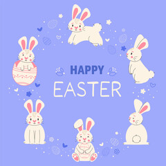 Happy easter trendy greeting card with bunnies. Minimalist holiday characters, cute stylized rabbits, vector illustration for prints ,posters,banners or greeting cards
