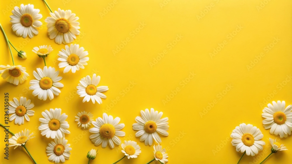 Poster a cluster of delicate white daisies with yellow centers arranged in a diagonal line against a bright