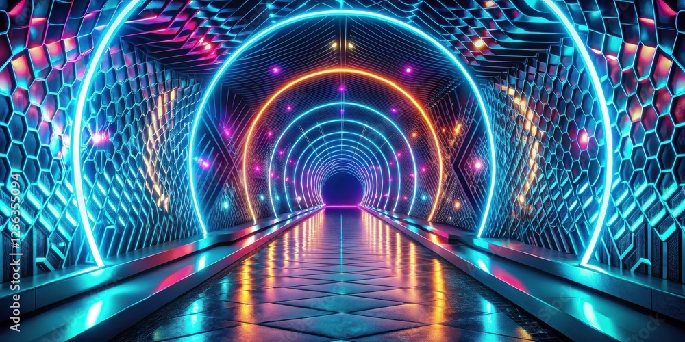 Aufkleber a neon tunnel of geometric patterns and glowing circles that creates a futuristic and vibrant atmosp