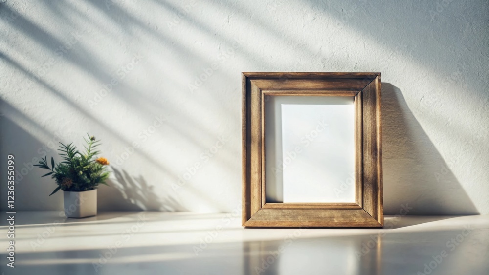 Aufkleber a simple wooden frame sits on a clean white surface, bathed in soft sunlight streaming through a win
