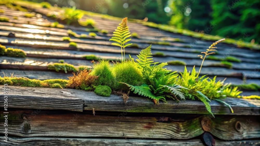 Poster a cluster of verdant ferns and moss flourish atop weathered wooden planks, bathed in the soft glow o