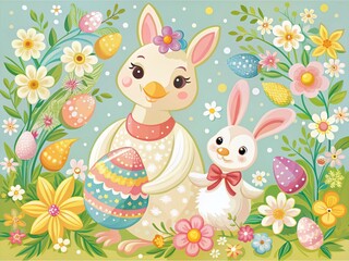 Obraz premium Cute Goose and Bunny Happy Easter Print in Pastel Colors Mom and Baby