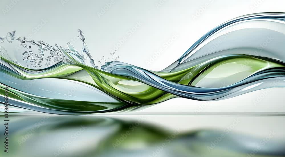 Poster fluid shapes in shades of green and blue create an abstract representation of waves, evoking a sense
