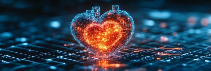 Glowing Red Heart On Digital Blue Grid, Symbolizing AI In Healthcare And Futuristic Cardiology