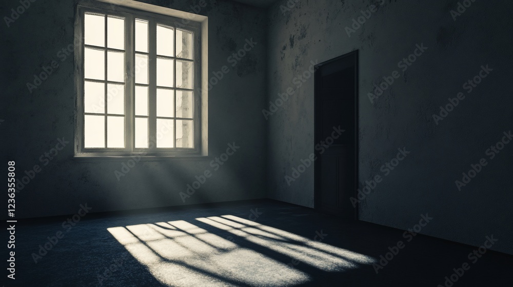 Poster an empty room with a window casting light on the floor creating shadows