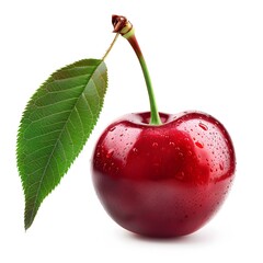 Fresh Red Cherry with Water Droplets and Green Leaf Isolated