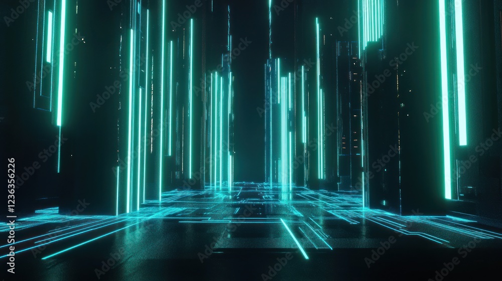 Poster futuristic cityscape with neon light trails and digital data streams abstract background