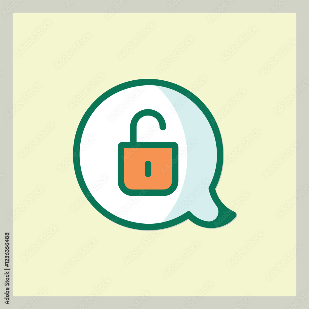 Poster unlock icon design featuring open padlock inside speech bubble for various digital uses