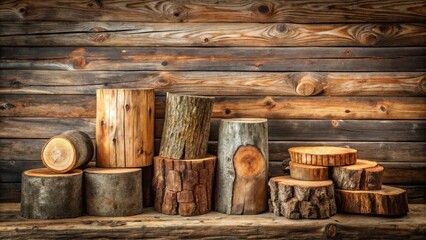 Rustic wooden stumps arranged on a weathered wooden surface against a backdrop of natural wood planks, showcasing the beauty of wood grain and textures.