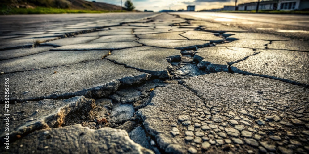 Aufkleber a close-up view of a cracked and weathered asphalt road, revealing the intricate patterns of erosion