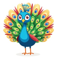 cute cartoon peacock illustration on white background