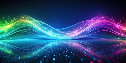 Obraz premium Abstract digital art depicting a colorful wave of energy with glowing particles reflecting on a dark background.