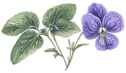Soft purple and green hues of violet flower, vintage floral art with intricate details on petals and leaves, botanical illustration