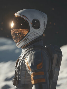 Futuristic astronaut gazing into the distance with helmet reflecting cosmic light. Space exploration, sci-fi adventure, and interstellar discovery concept.
