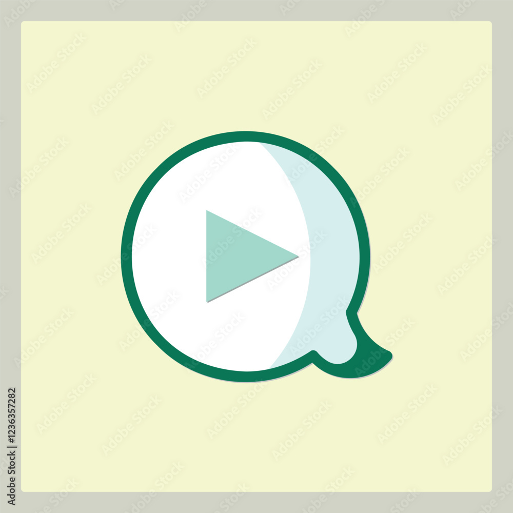 Poster green play icon in speech bubble design for multimedia applications, modern and simple layout