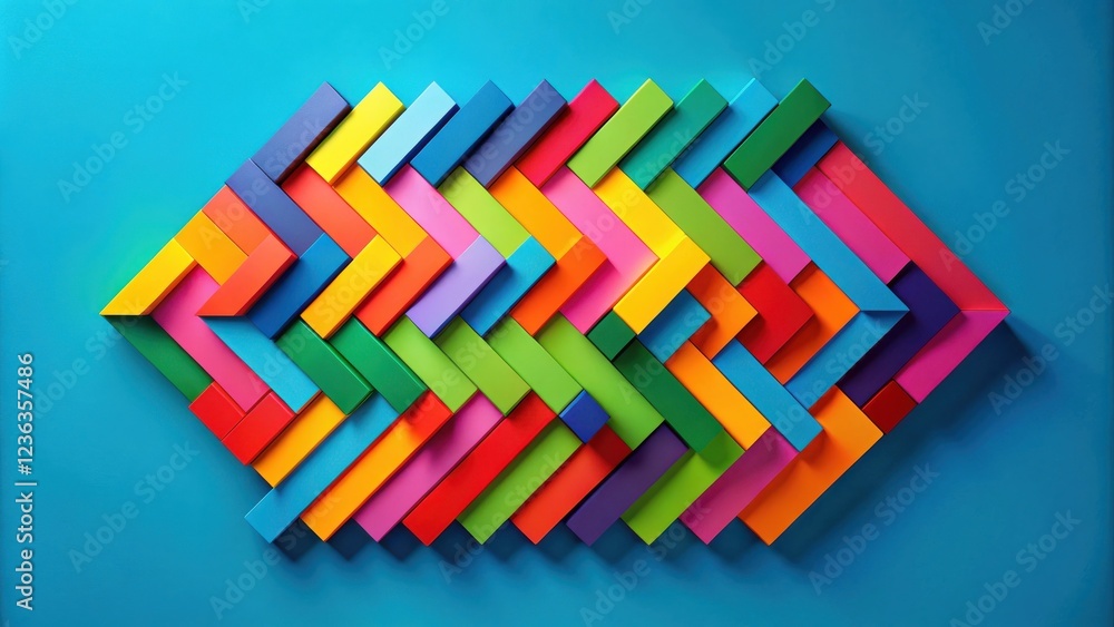 Poster Abstract geometric pattern of colorful rectangular shapes arranged in a woven design on a blue background