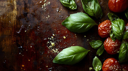 Basil paired with a spicy roasted pepper dip, adding a fresh and aromatic note to the savory dish.