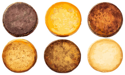 Soft Yellow and Brown Hues of Old Cheese Wheel in Vintage Food Illustration, blending warm colors and rustic design