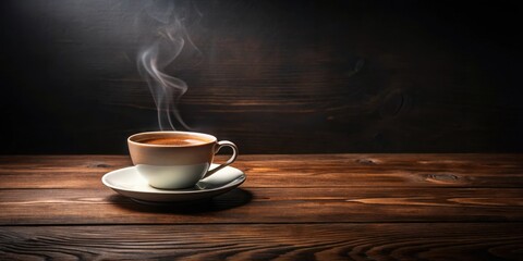 A steaming cup of coffee on a rustic wooden surface, with a dark background, capturing the essence of a morning ritual.