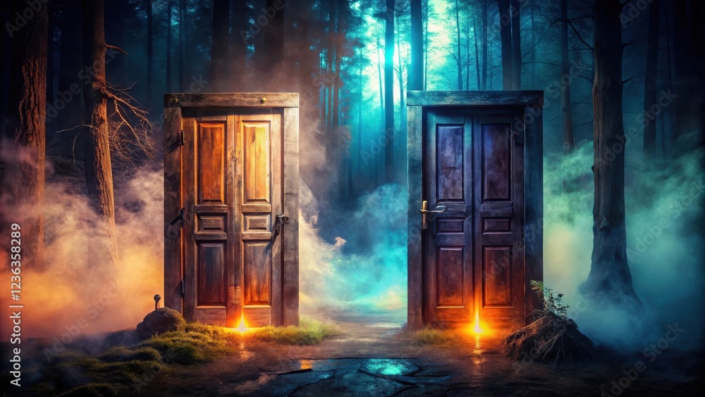 Poster two wooden doors stand open in a mystical forest, inviting the viewer to choose their path through t