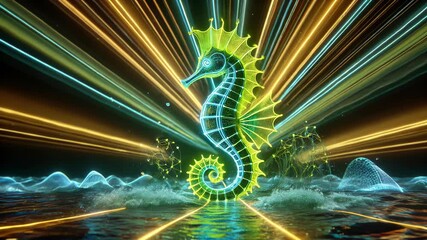 A vibrant, neon seahorse radiating energy and color, perfect for aquatic themes, events, or as a striking digital art piece.