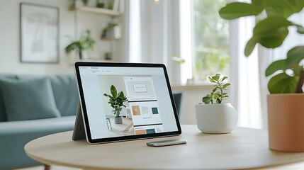 mockup prototype preview. A modern workspace featuring a tablet on a wooden table, surrounded by greenery, with a comfortable couch in the background, creating a cozy atmosphere.
