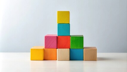Obraz premium A pyramid of colorful wooden blocks arranged in a stepped pattern against a white background.