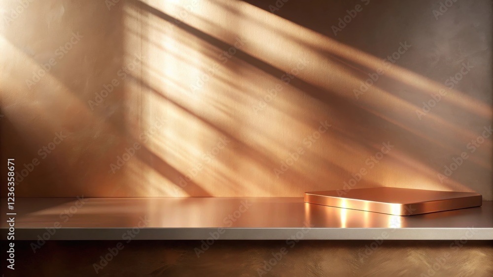 Poster A copper platform with soft light and shadows reflecting on a metallic surface