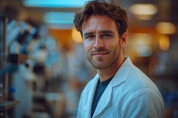 Obraz premium Portrait of a Confident Scientist in Lab Coat with Glowing Lab Equipment in Background