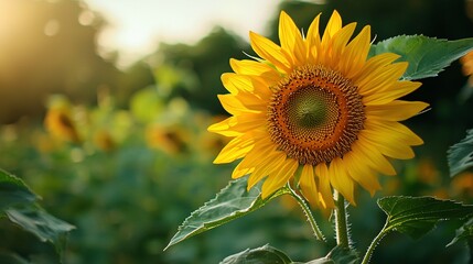 Fototapeta premium Vibrant Sunflower with Bright Yellow Petals Against a Lush Green Background
