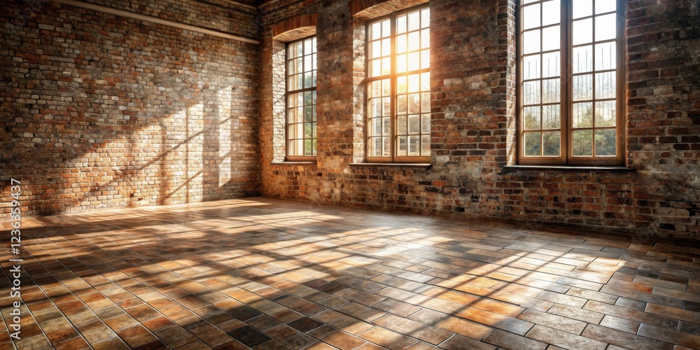 Poster sunlight streams through large windows illuminating a brick wall and tiled floor in a spacious indus