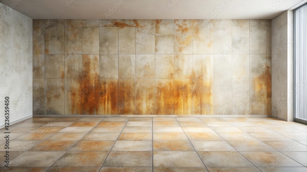 Poster a minimalistic room with a tiled floor and a wall adorned with large tiles featuring a subtle rusty 