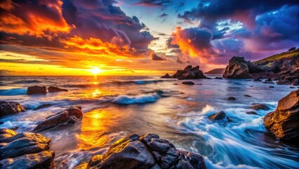 Naklejka premium Dramatic sunset paints the coastal rocks, ocean whispers low light secrets.