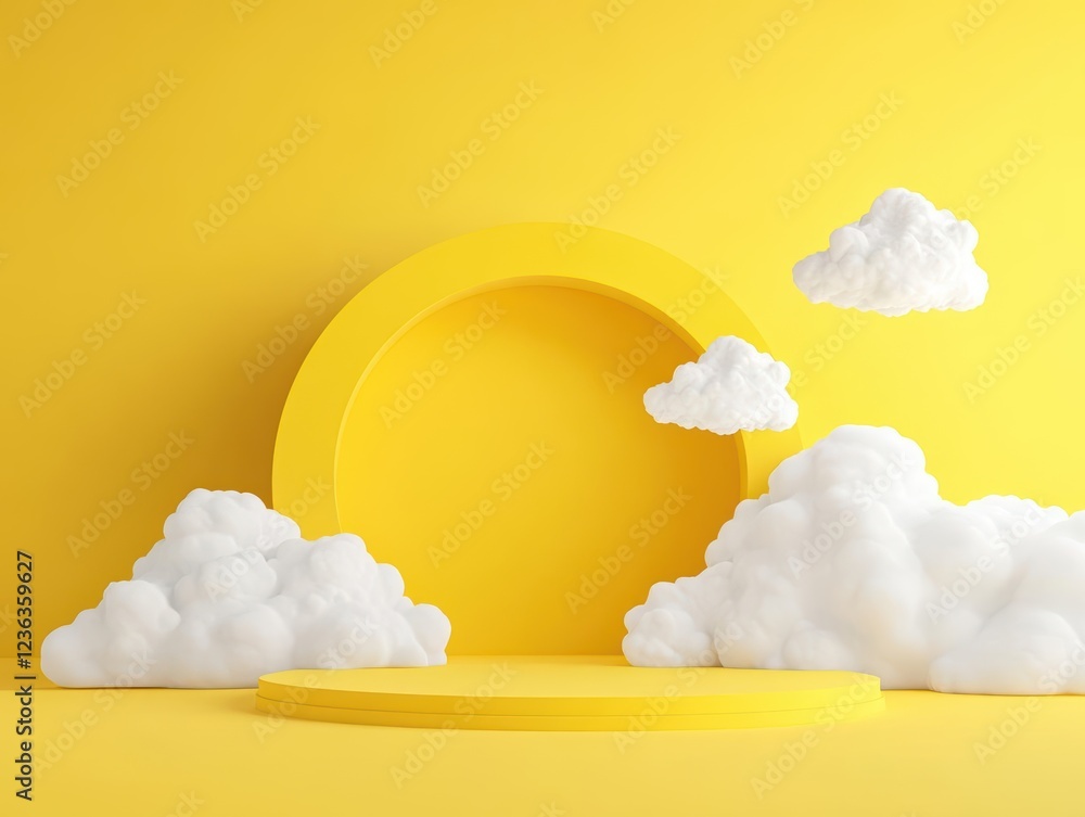 Poster Vibrant Yellow Background Complemented by Circular Shape and Soft White Clouds Evoking a Cheerful and Uplifting Atmosphere of Playful Serenity