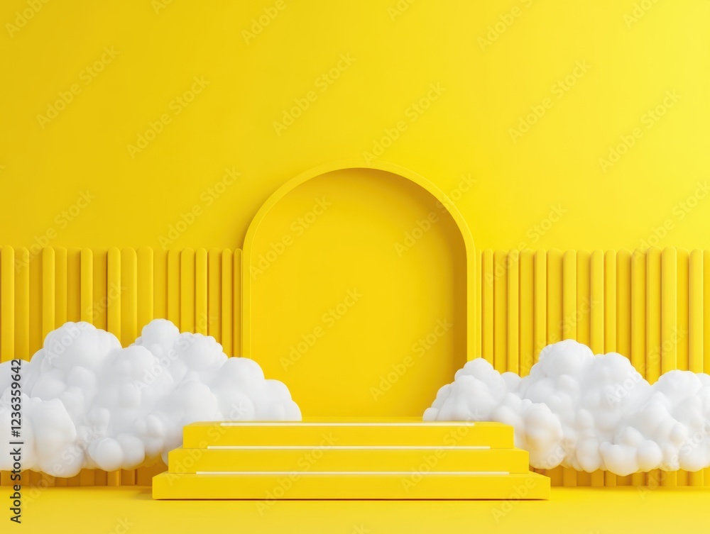 Aufkleber vibrant yellow wall enhancing the dreamy atmosphere with fluffy clouds above and elegant stairs lead