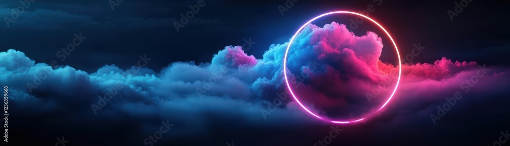 Aufkleber Vibrant Neon Circle Illuminating the Clouds at Dusk Creating a Dreamlike Atmosphere of Wonder and Mystery in a Celestial Evening Sky
