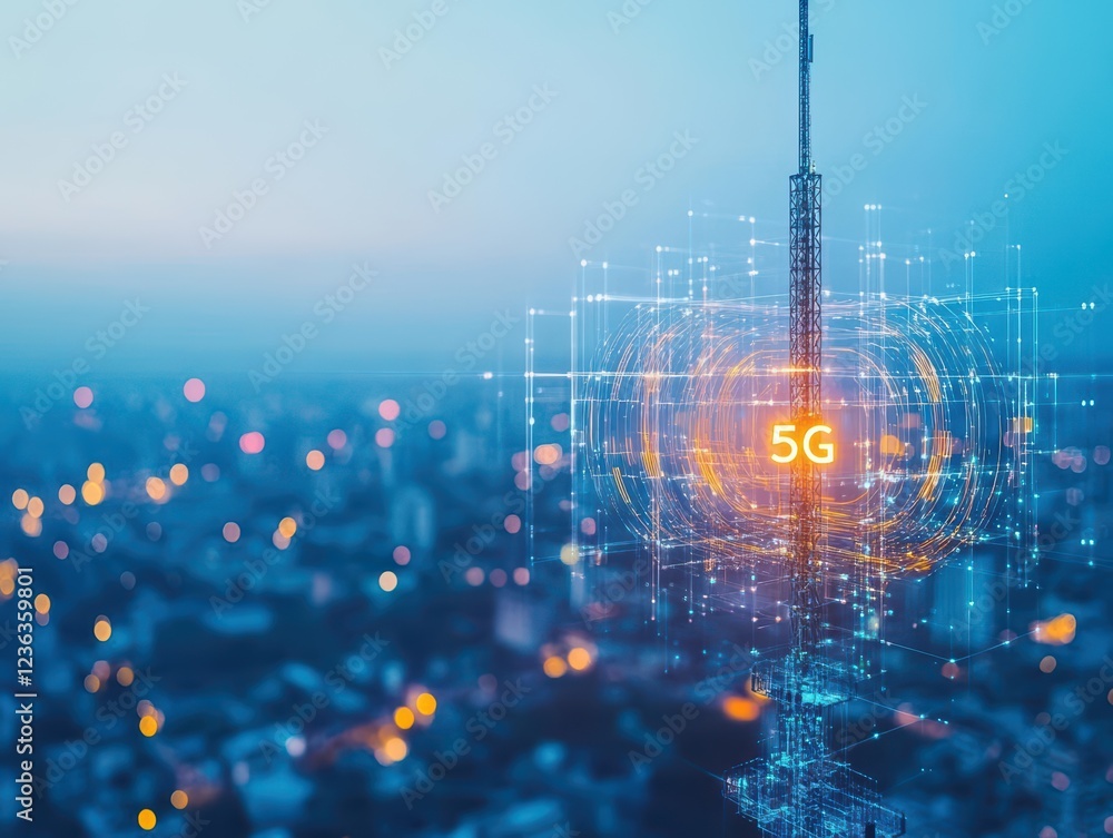 Poster Futuristic Cityscape Showcasing Advanced 5G Technology Integration with Skyscrapers and Urban Life in a Vibrant and Dynamic Modern Environment